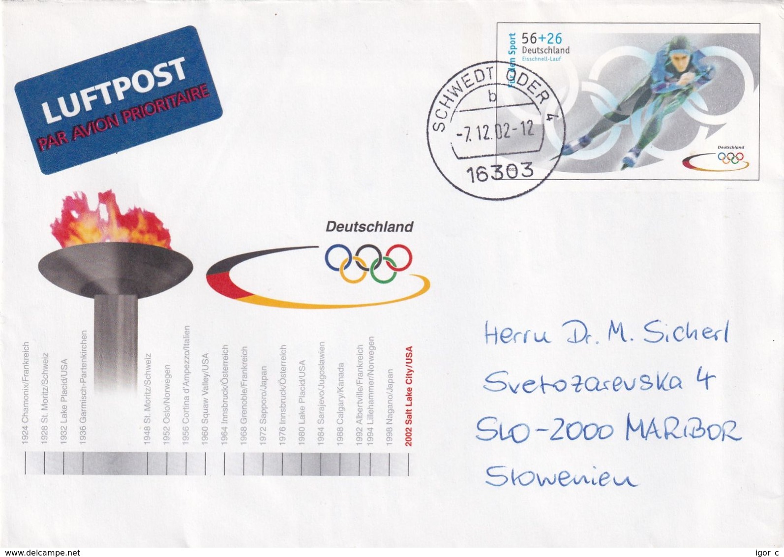 Germany 2002 Air Mail Postal Stationery Cover: Winter Olympic Games Salt Lake City; Winter Olympic Host Cities From 1924 - Winter 2002: Salt Lake City