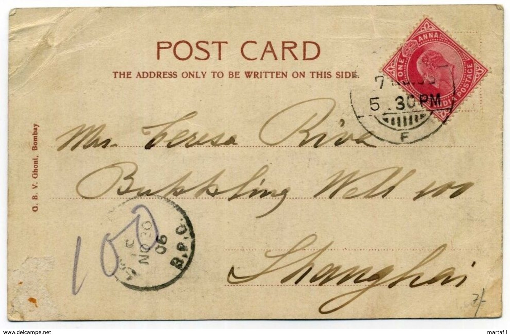 8.11.1906 Cartolina BOMBAY (MUMBAI) Per Shangai - India