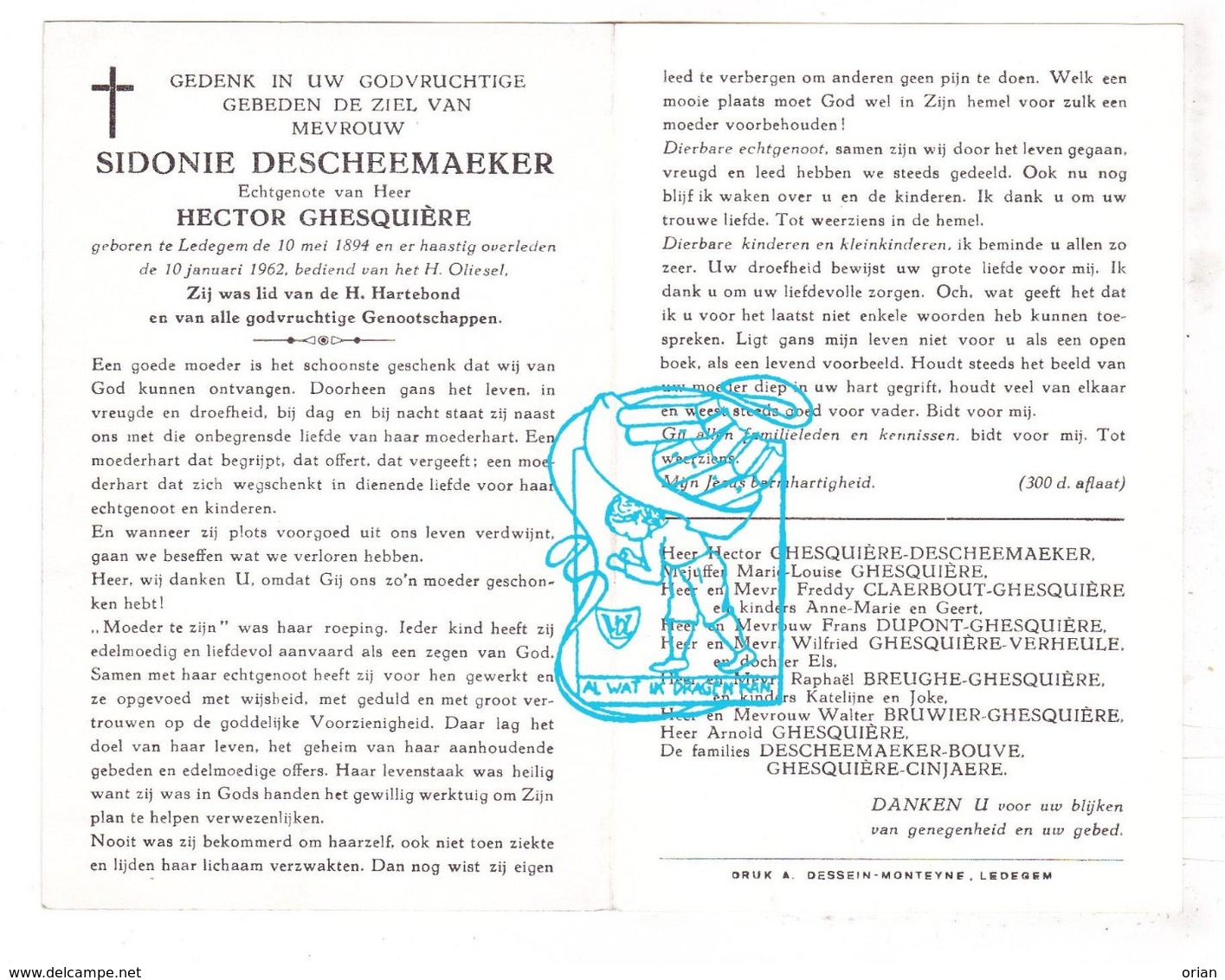 DP Sidonie Descheemaeker ° Ledegem 1894 † 1962 X Hector Ghesquière / Dupont Verheule Breughe Bruwier Bouve Cinjaere - Devotieprenten