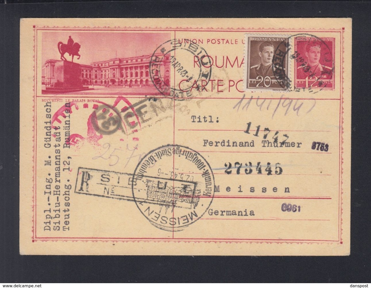 Rumänien Romania R-PK 1943 Sibiu Nach Meissen - Cartas De La Segunda Guerra Mundial