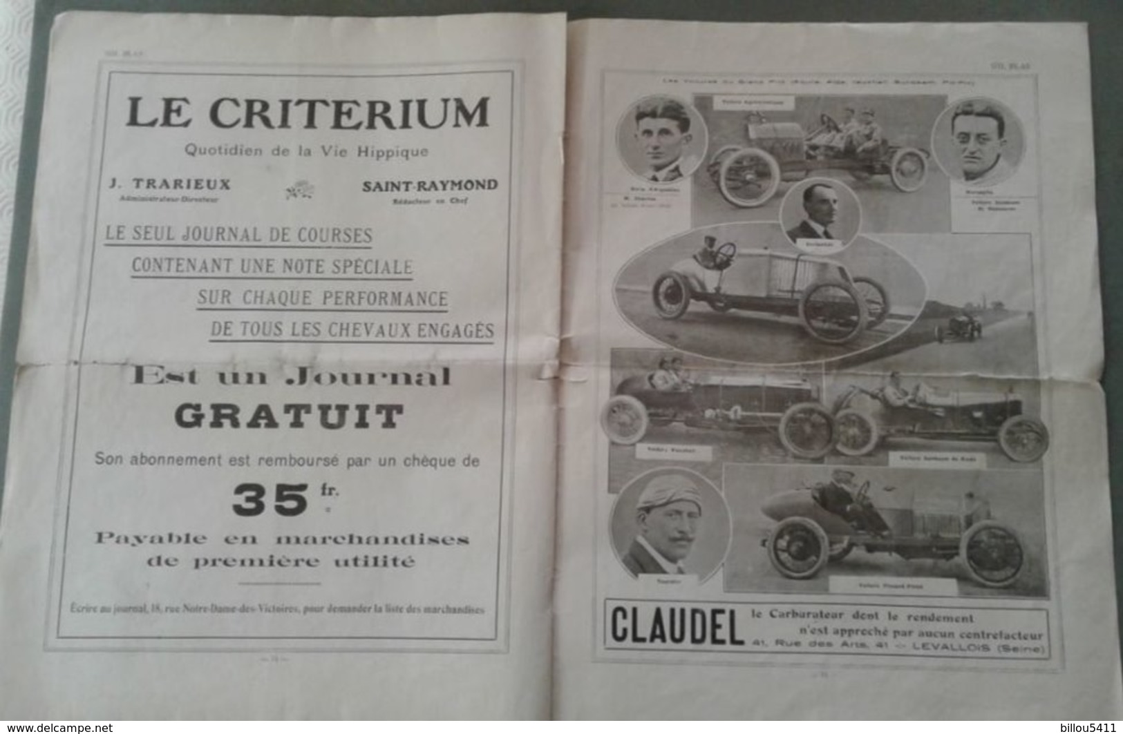 Document sur l'automobile Peugeot Delage"Grand Prix de l'ACF 1914 "Circuit de lyon ; Photo des pilotes ; Pub MAGGI