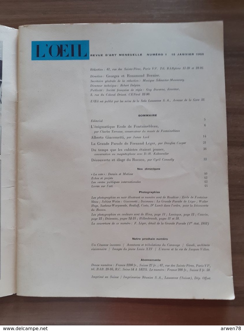 L'OEIL REVUE D'ART N° 1 Janvier 1955 Fernand Leger Alberto Giacometti Les Cubistes Le Rococo Ecole Fontainebleau Matisse - Trödler & Sammler