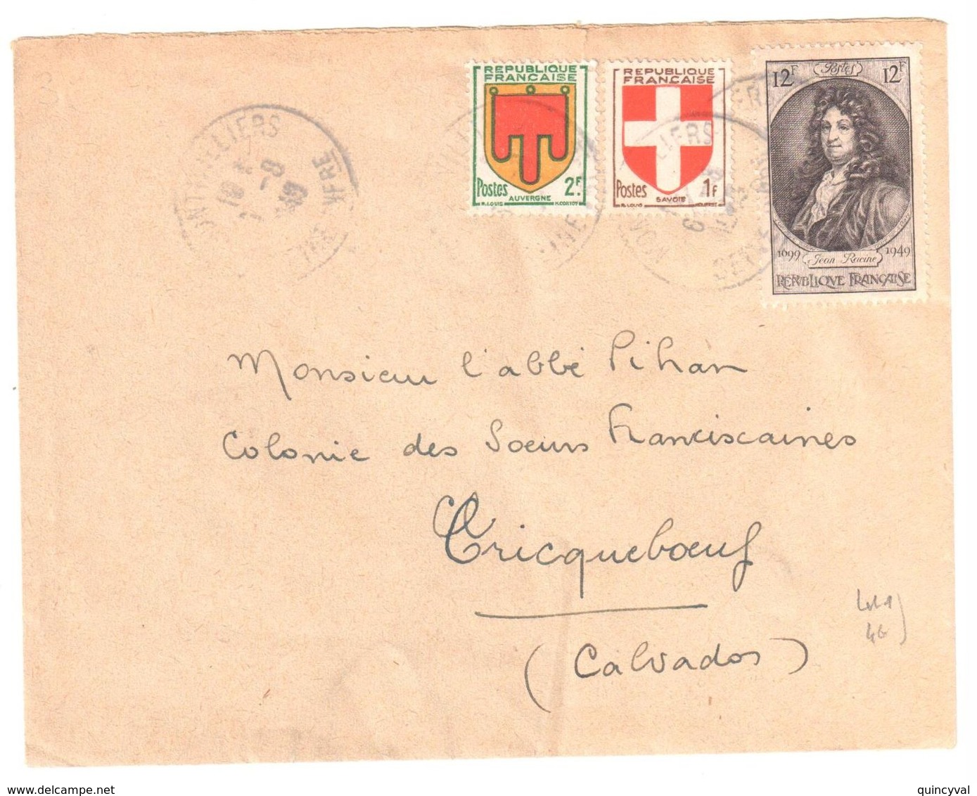 MONTVILLIERS Seine Inférieure Lettre 12F Racine Blason 2 F Auvergne 1 F Savoie Yv  836 837  848 Ob 1949 - Covers & Documents