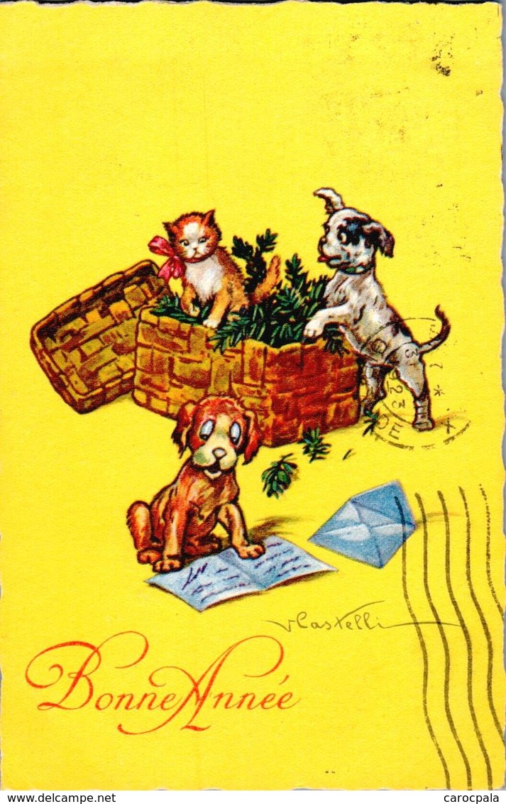 Carte 1920 Signée Castelli : Bonne Année Sur Fond Jaune ! : Chiens , Chat - Castelli