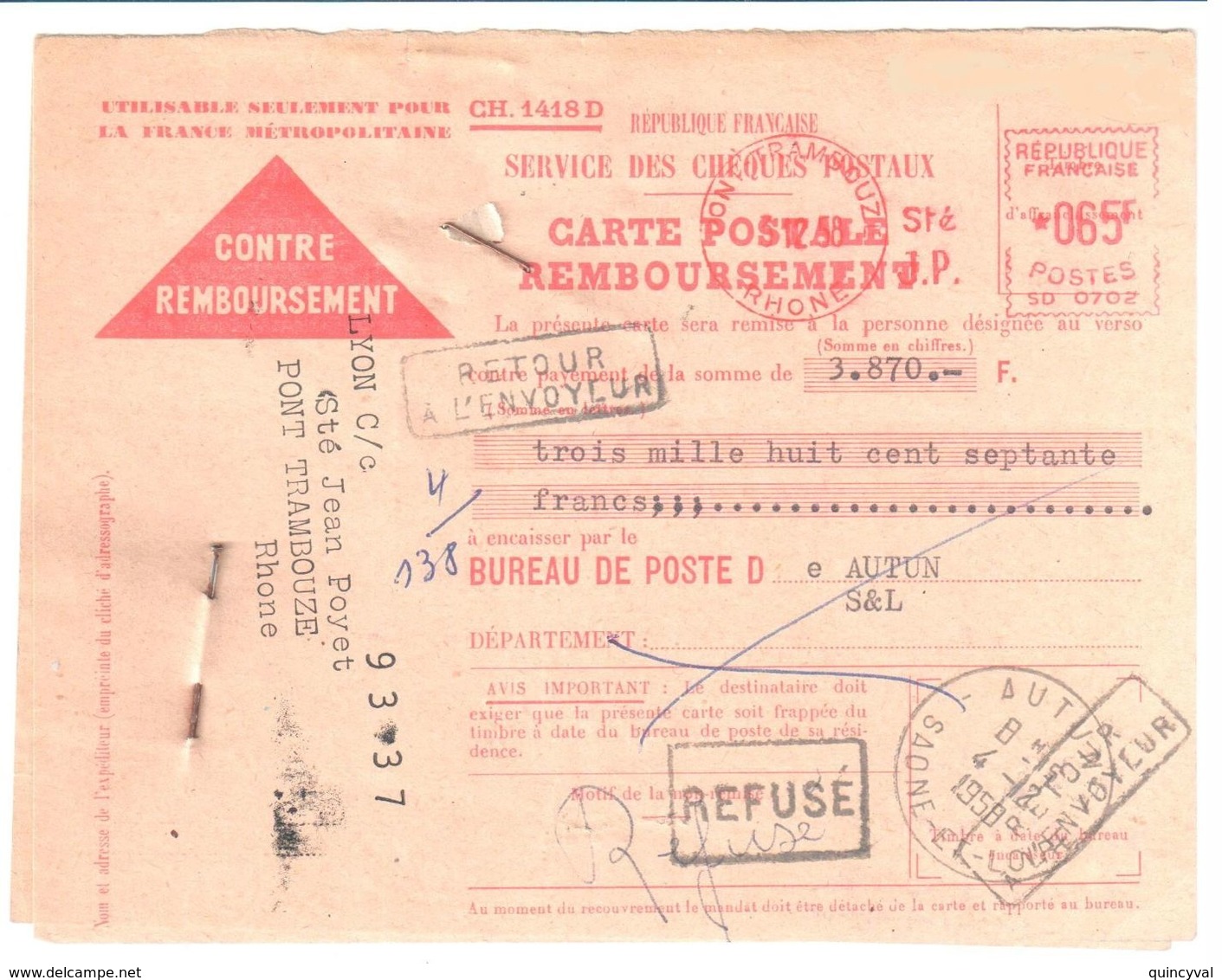 PONT TRAMBOUZE Rhône Carte Postale Contre Remboursement EMA SC 0702 65 F Ob 3 12 1958 Dest Autun Retour Envoyeur Refusé - EMA (Print Machine)