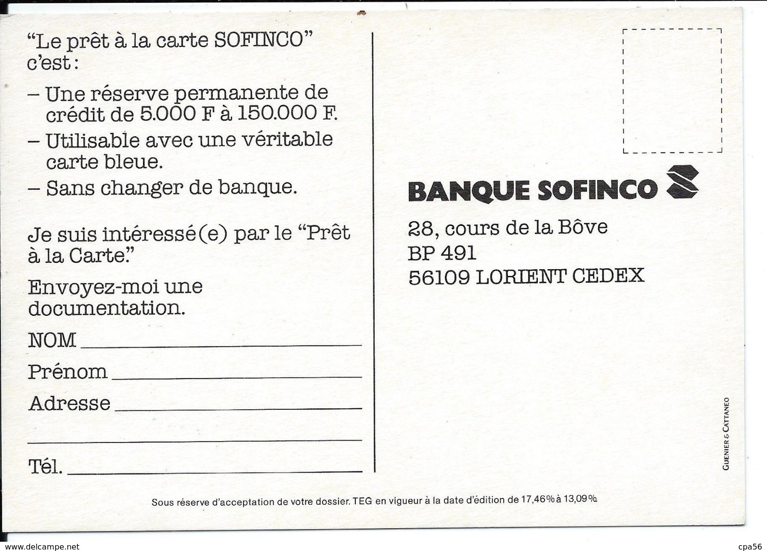 Carte Postale Publicitaire SOFINCO - Années 70/80 > TAUX à 17,46 % - Agence De LORIENT - VENTE DIRECTE X - Banks