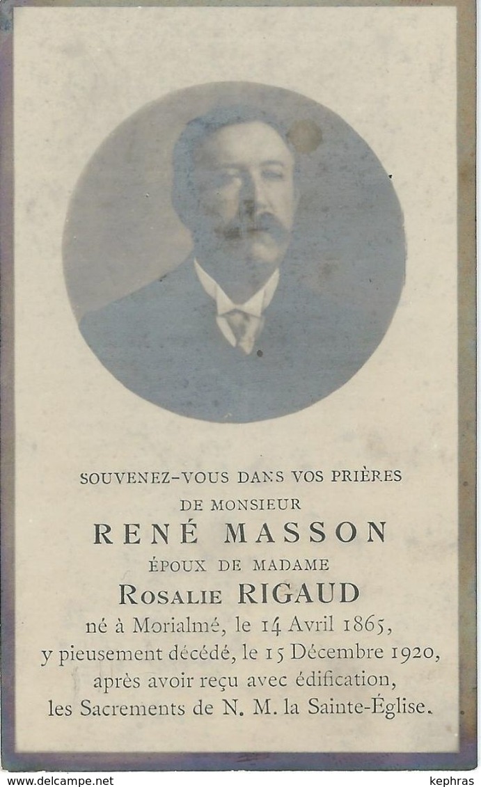 Souvenir Mortuaire - RENE MASSON époux ROSALIE RIGAUD - MORIALME 1865 / 1920 - Devotieprenten