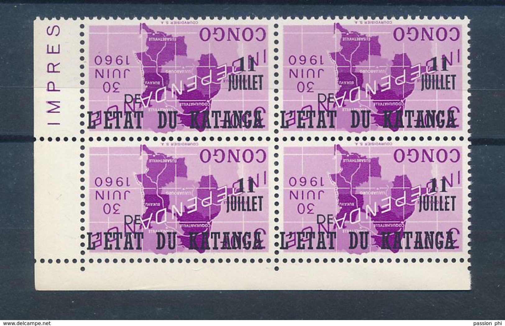 KATANGA COB 45 BLOCK. OF 4 MNH INVERTED OVERPRINT - Katanga