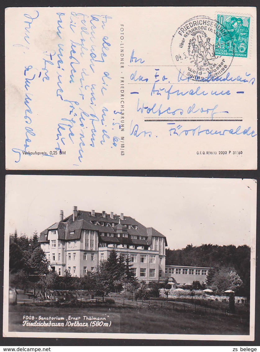 Friedrichsbrunn über Gernrode (Harz) SoSt. Mit Wanderer, Skifahrer, 4.5.60, Photokarte FDGB-Sanatorium "Ernst Thälmann" - Máquinas Franqueo (EMA)