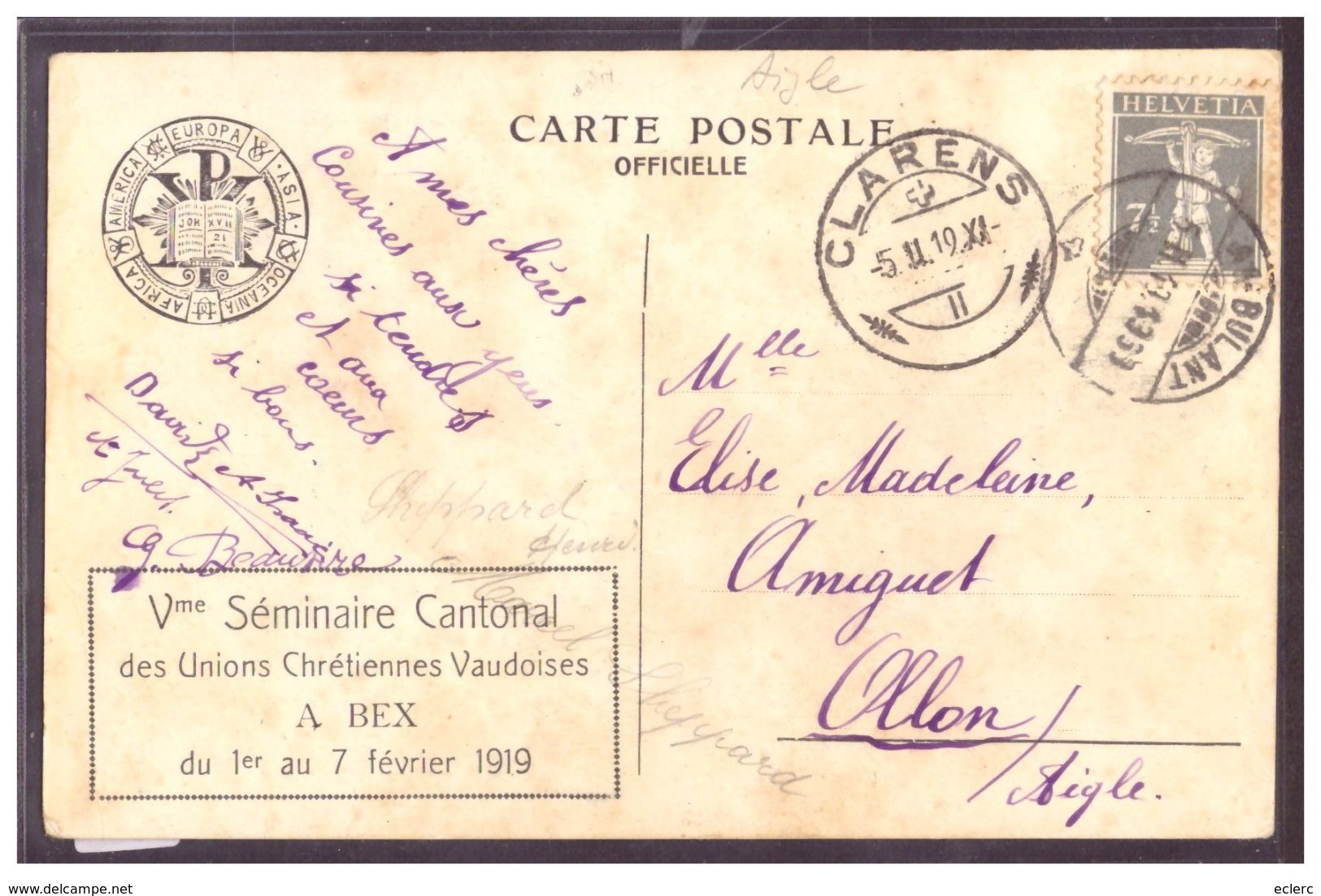 DISTRICT D'AIGLE - BEX - HOME UNIONISTE - Vème SEMINAIRE CANTONAL DES UNIONS CHRETIENNES VAUDOISES FEVRIER 1919 - TB - Bex
