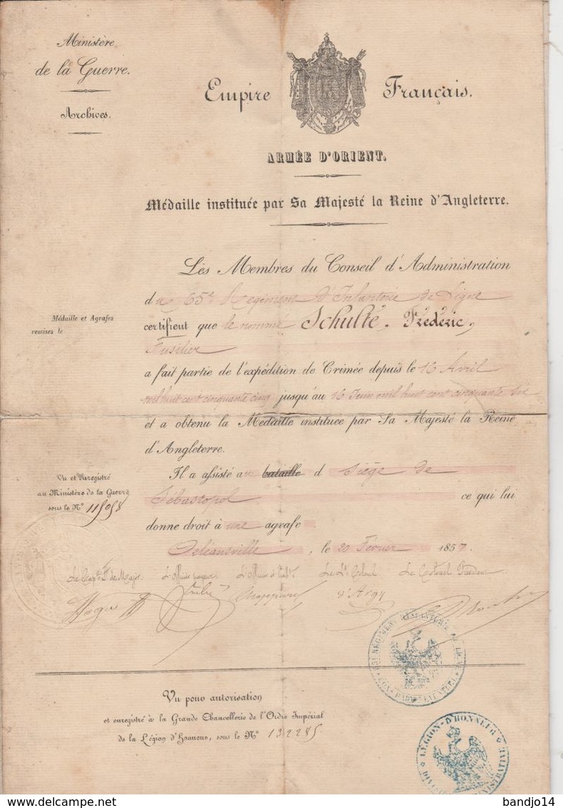 1856- Certicat Medaille  Armée D'orient + Documents Militaires Concernant Frederic Wilhem Schulte - Documents