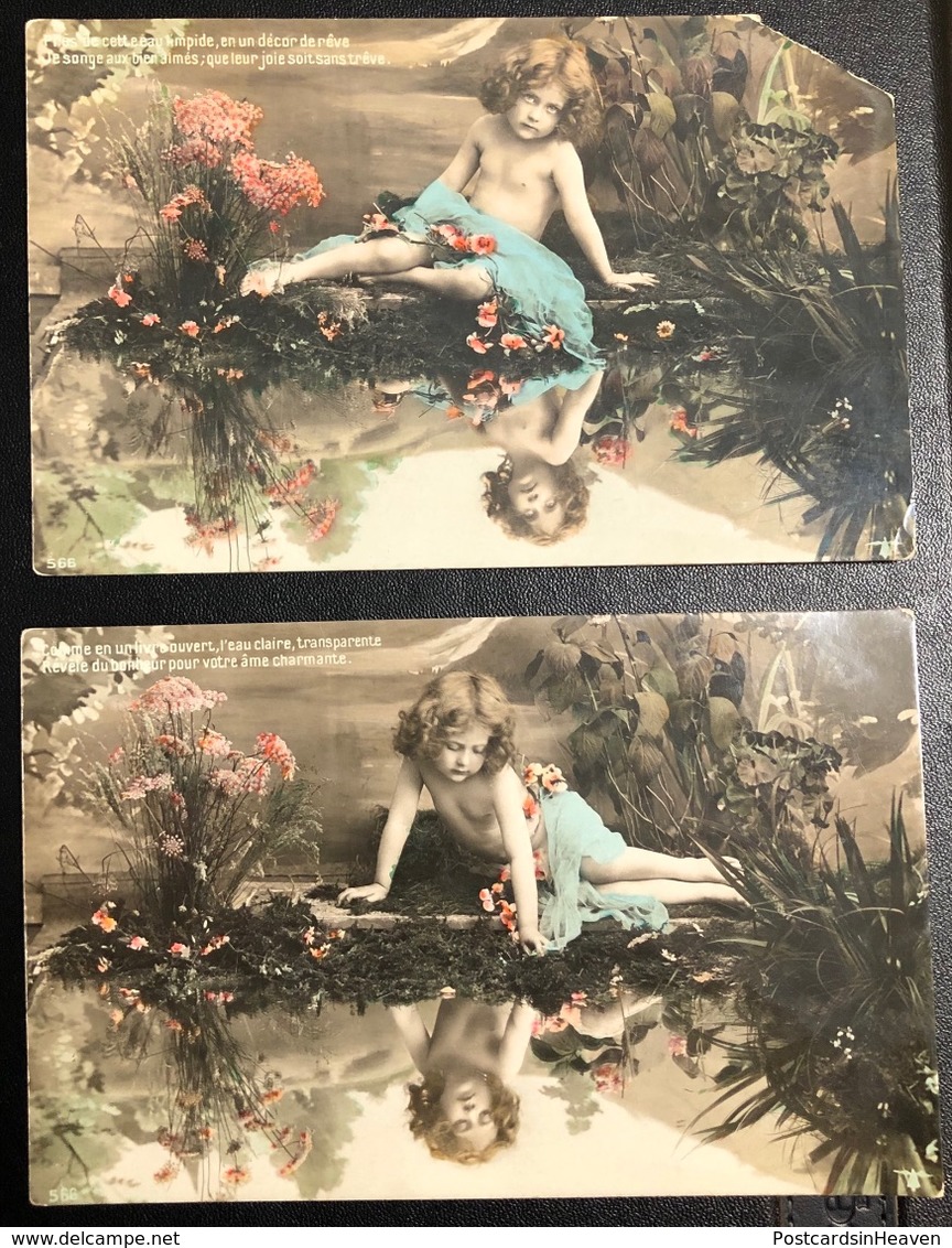 2 Postcards Little Girl Fillette Nu Madchen By The Pond - Unclassified