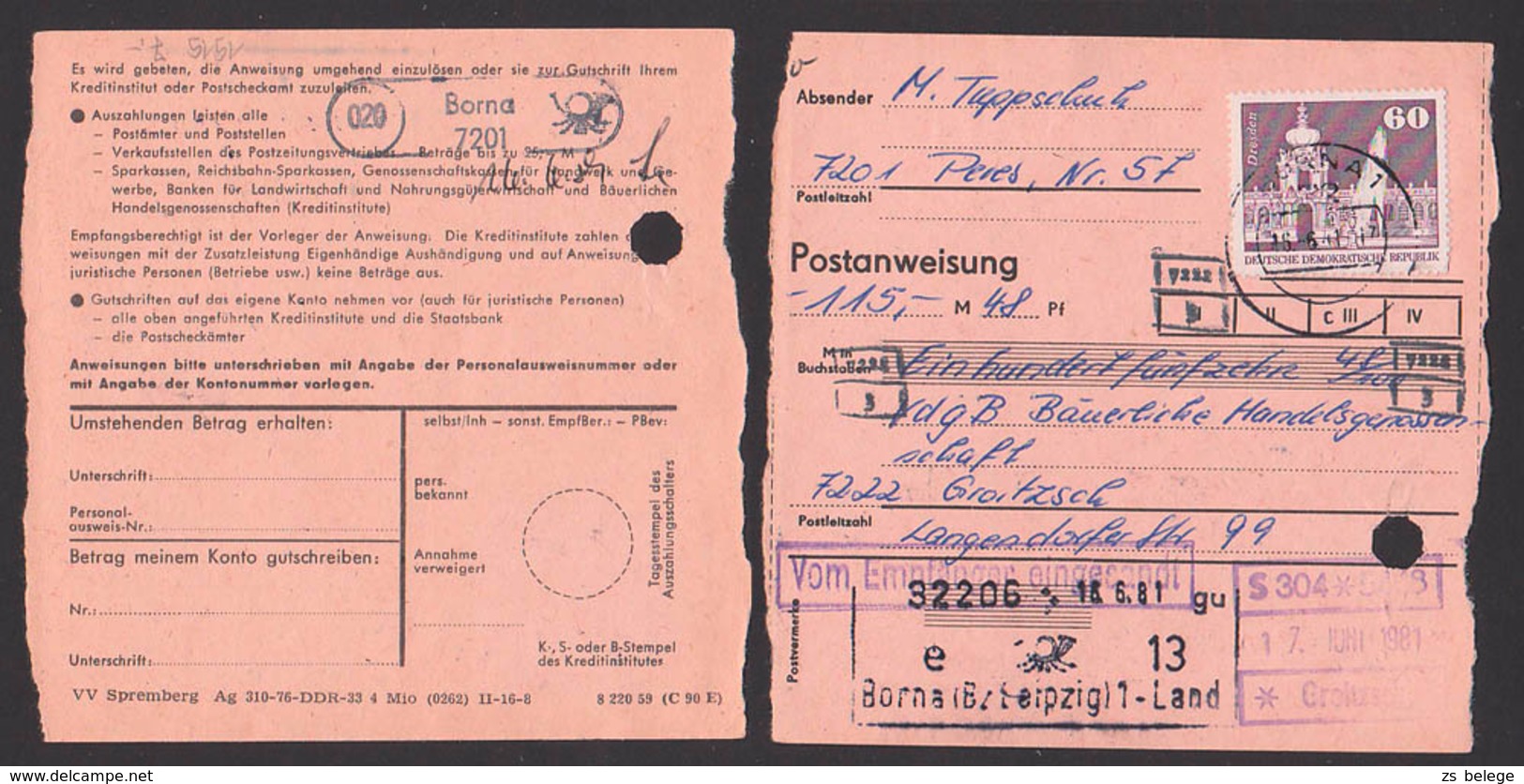 Peres PSSt. 020 Borna Postanweisung 1.7.81 Mit 60 Pf. Dresden Zwinger Kronentor DDR 1919, St. "Vom Empfänger Eingesandt" - Other & Unclassified