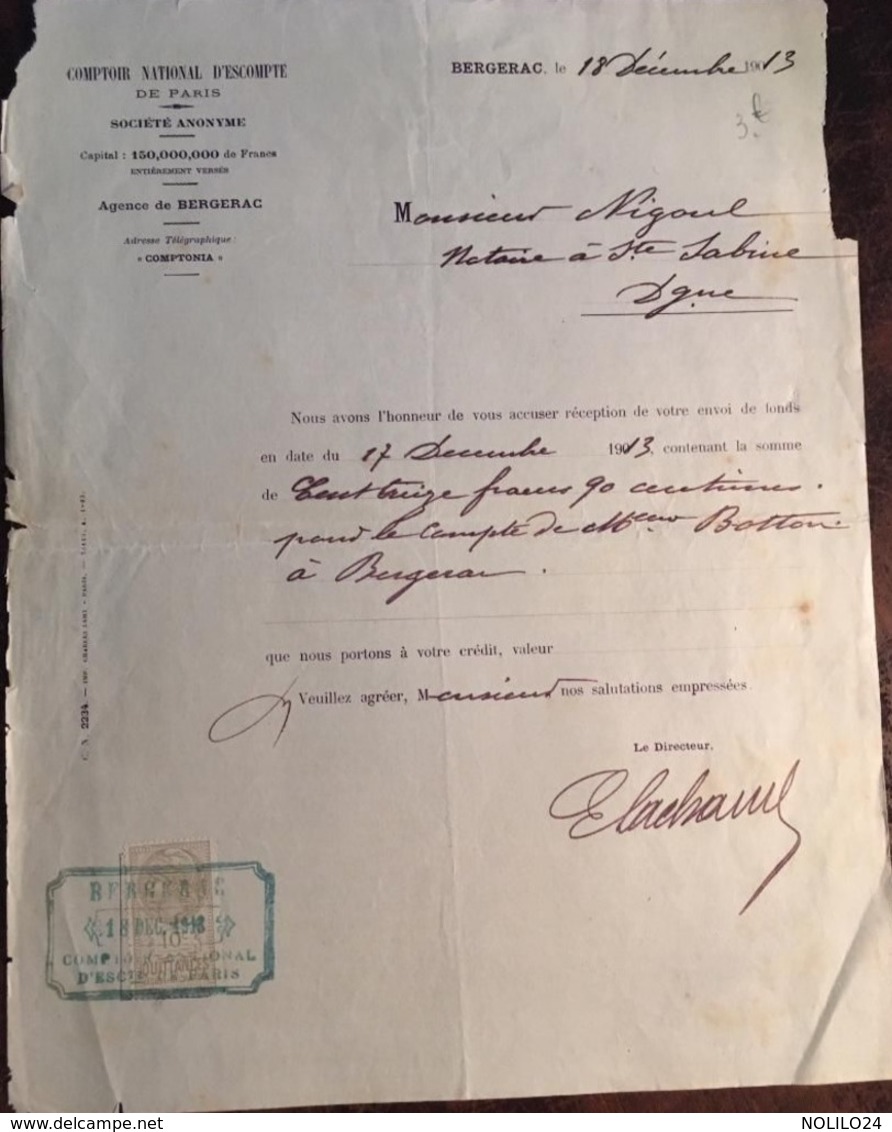 Accusé Réception Fonds Du Comptoir National D'Escompte Bergerac,1913, Destiné Au Notaire De Ste Sabine, 24, Dordogne , - Banco & Caja De Ahorros