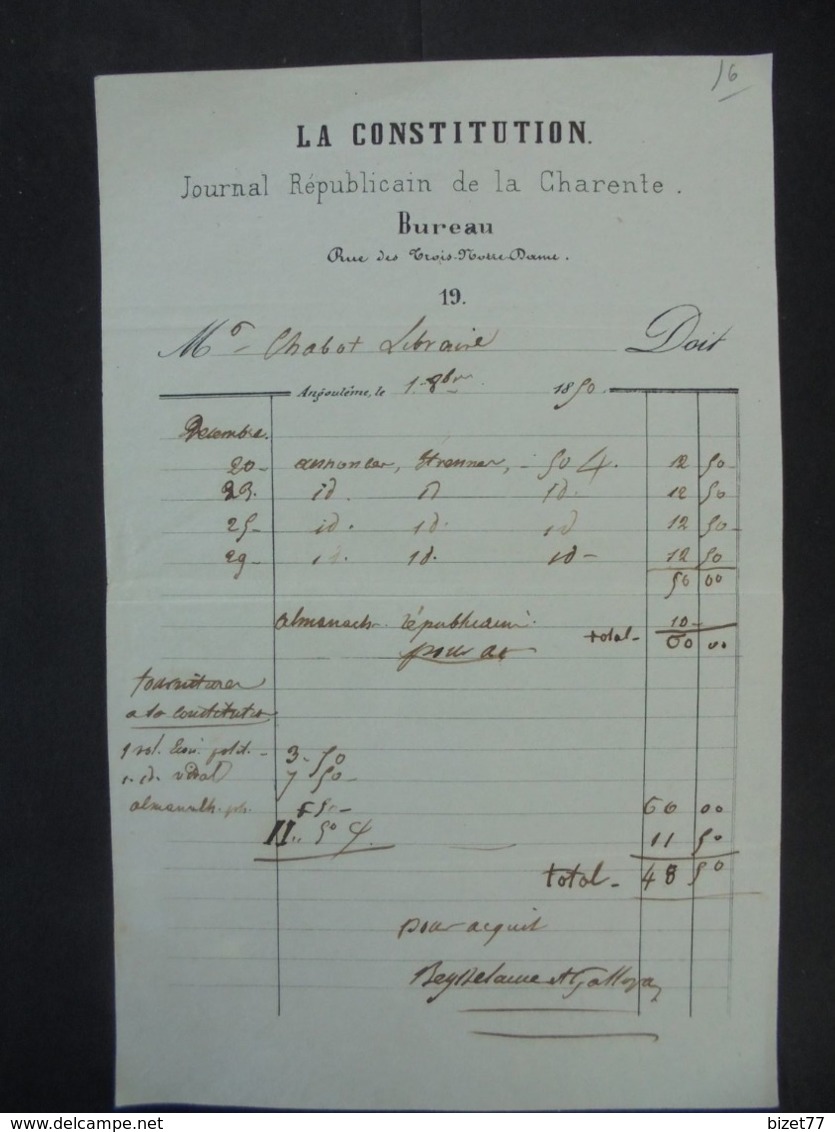 FACTURETTE - 16 - DEPARTEMENT DES CHARENTES, ANGOULEME 1890 -  "LA CONSTITUTION" : JOURNAL REPUBLICAIN AIN DES CHARENTES - Other & Unclassified