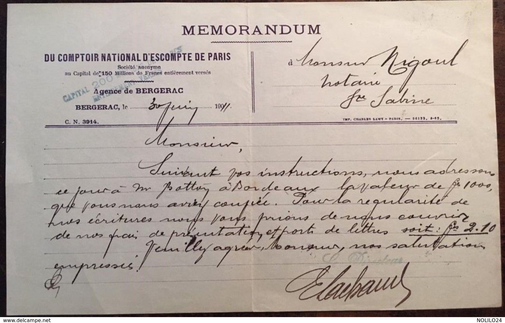 Memorandum Comptoir National D'Escompte De Paris, Agence De Bergerac - 24 - Dordogne, Datant De 1911 - Banque & Assurance