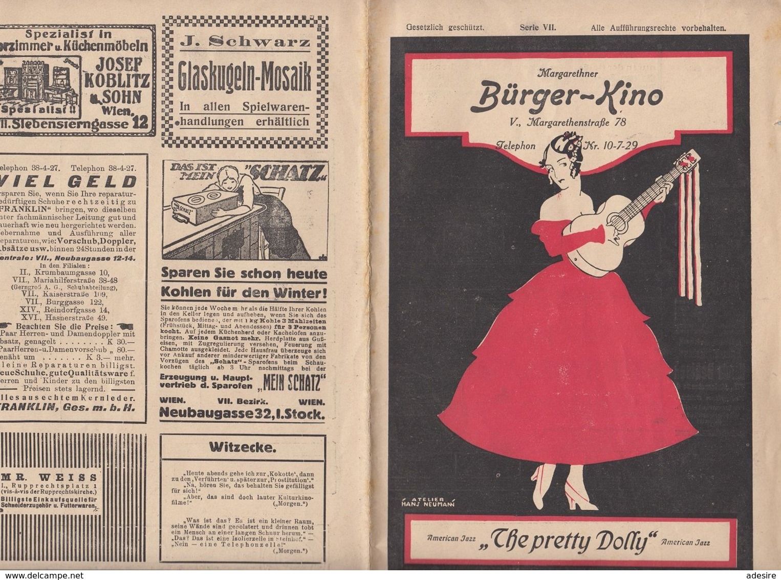 PROGRAMMHEFT (1920?) Des Margarethner BÜRGER-KINO Wien V, "The Pretty Dolly", Gebrauchsspuren - Programs