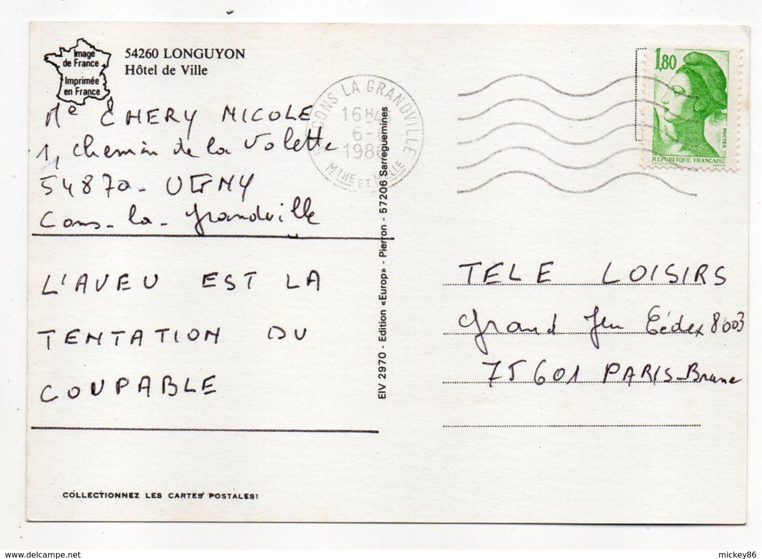 LONGUYON --1986-- Hôtel De Ville ...(belles Voitures ,Hôtel , Pub Conforama .....) - Longuyon