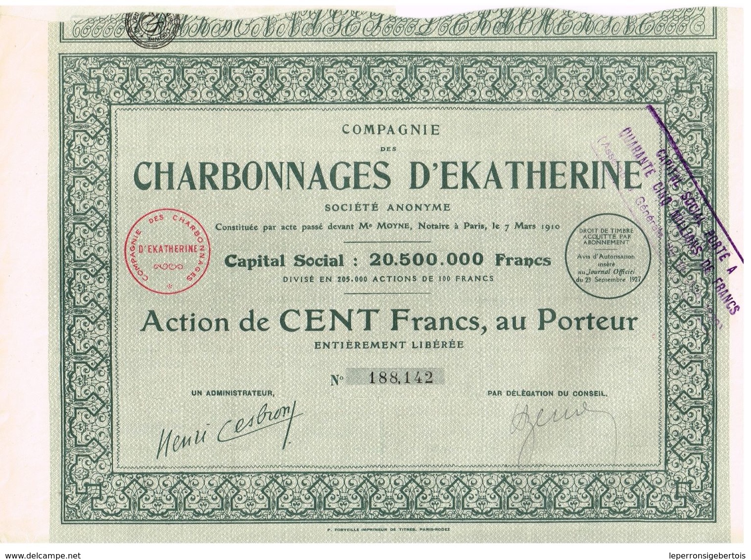 Titre Ancien - Compagnie Des Charbonnages D' Ekatherine - Société Anonyme - Titre De 1927 - - Russia