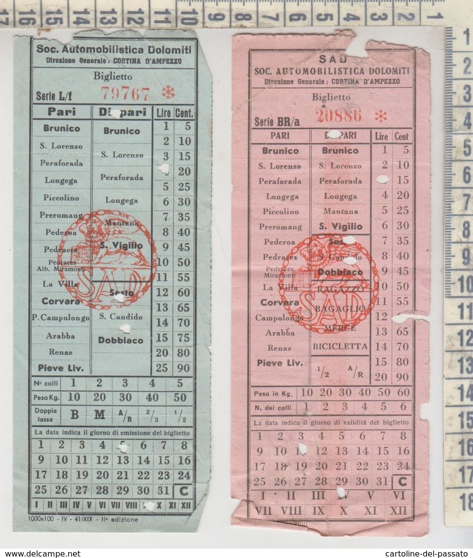 Biglietto Ticket Buillet Lsocieta' Automobilistica Dolomiti Cortina D'ampezzo Belluno Calalzo Tai Di Cadore Brunico - Europa