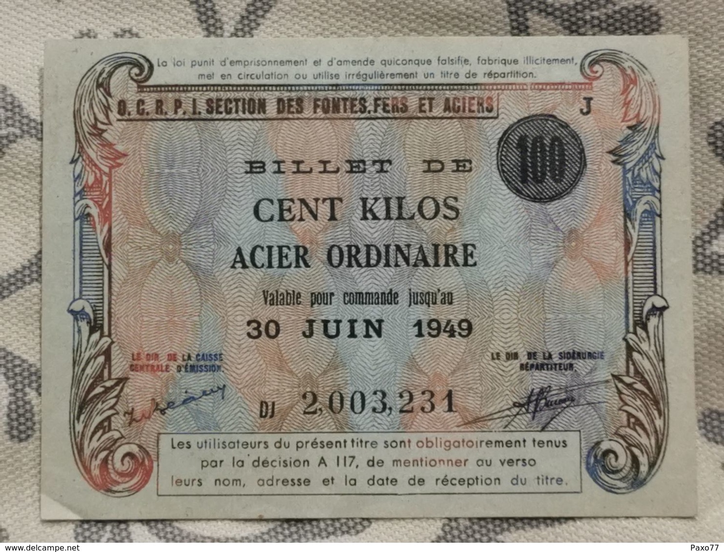 France, Billet De Cent Kilos Acier Ordinaire 1949. DAUM CRISTALLERIE NANCY - Other & Unclassified