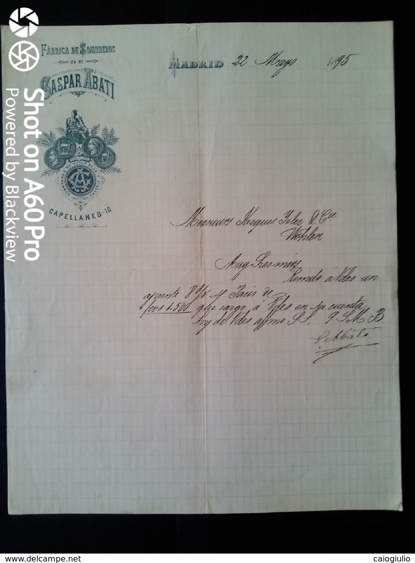 1895 MADRID X WOHLEN - GASPAR ABATI - FABRICA DE SOMBREROS (CAPPELLI) - Spain