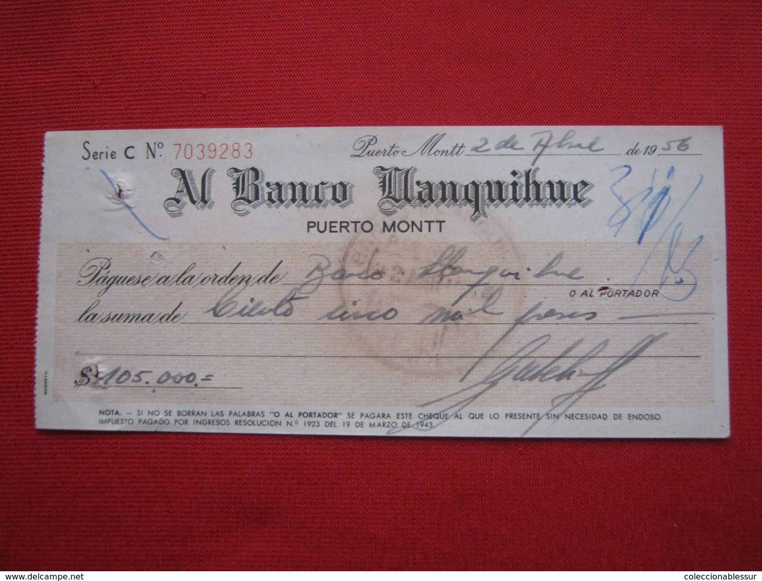 Chile Banco Llanquihue Check 1956 - Cheques & Traverler's Cheques