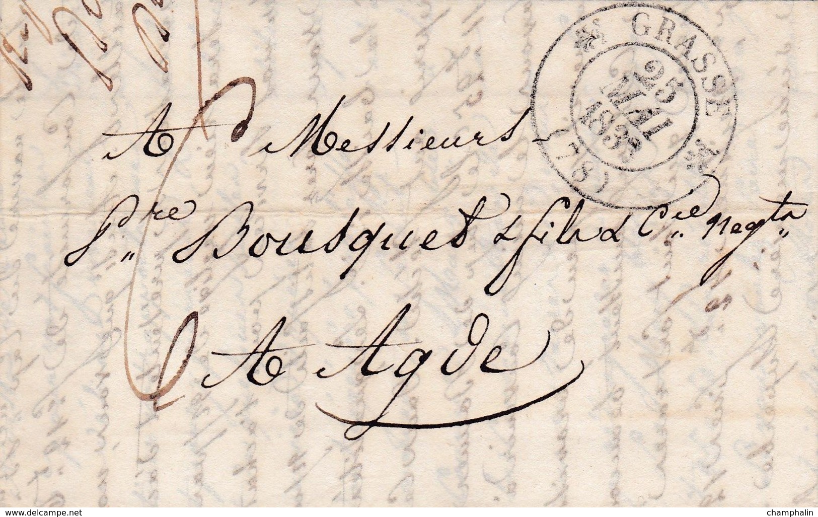 LAC De Grasse (06) Pour Agde (34) - 25 Mai 1833 - CAD Rond Type 11 & 12 - Taxe Manuelle 6 - 1801-1848: Vorläufer XIX
