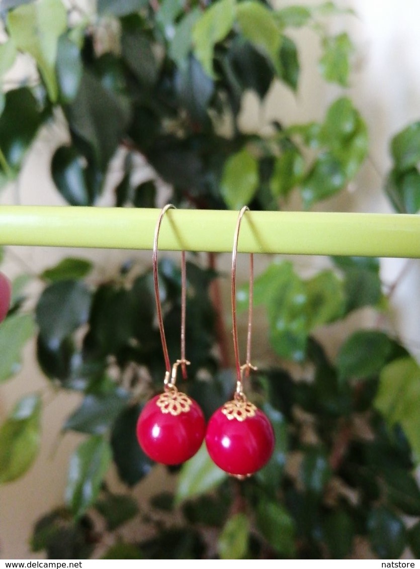 New Handmade Bijouterie Gold Tone Earrings With Natural Red Coral Round Beads - Orecchini