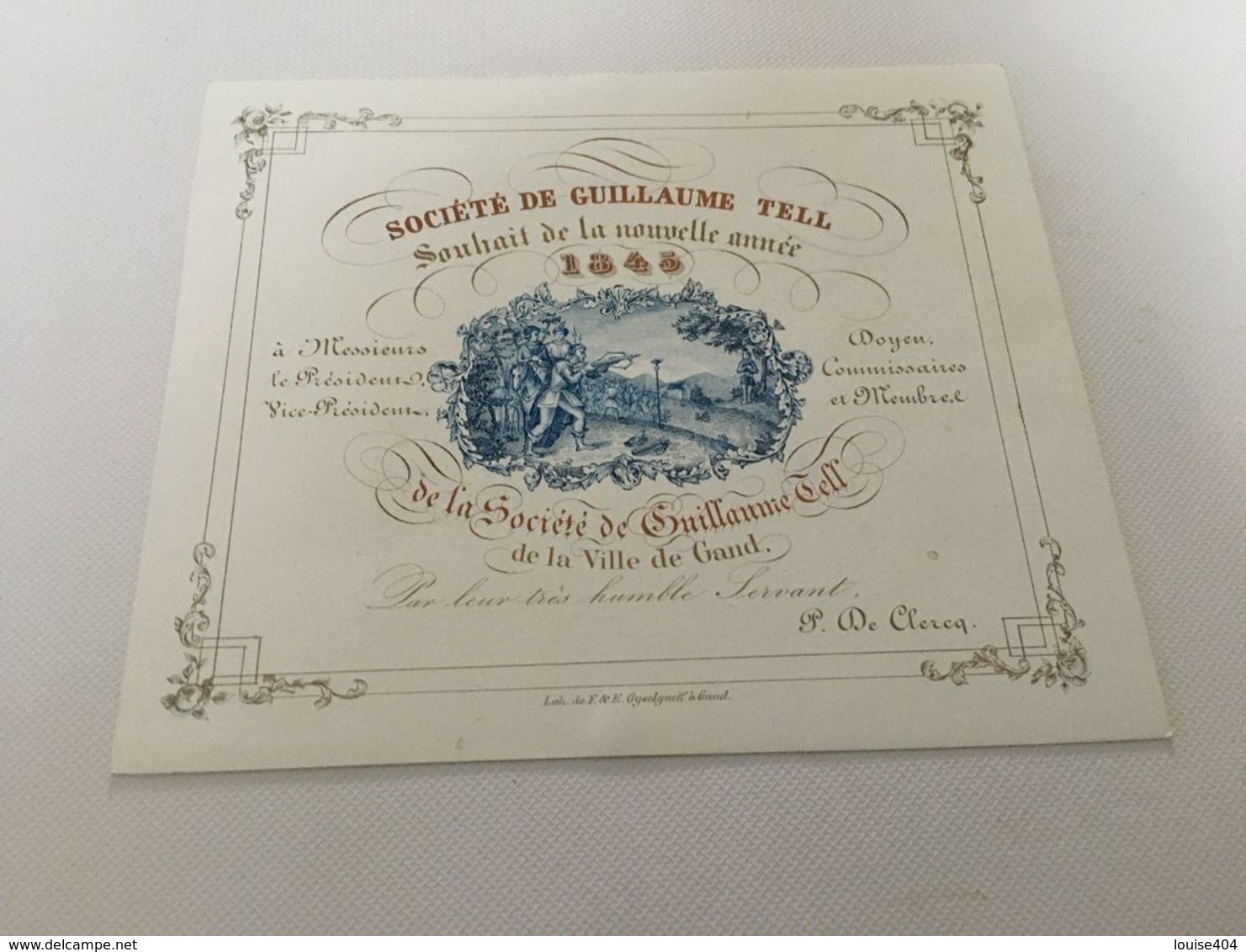 P4 - Société De Guillaume TELL - Souhait De La Nouvelle Année 1845 - Ville De Gand - Tir à L'Arc