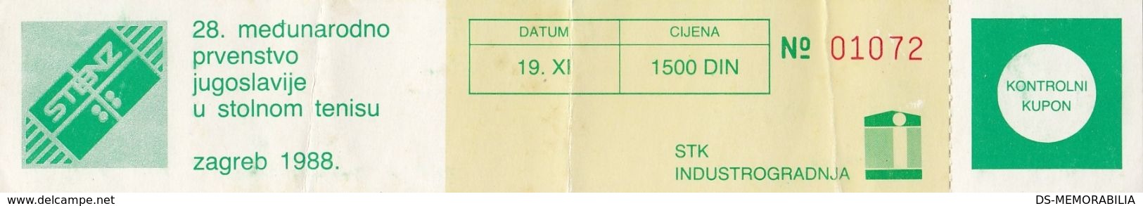 Table Tennis Ping Pong 28th Intern.Championship Of Yugoslavia Ticket 1988 - Tischtennis