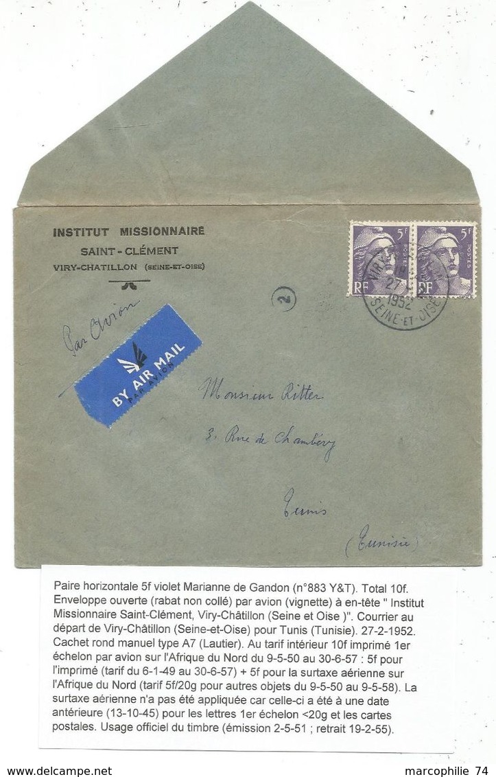 GANDON 5FR VIOLET PAIRE LETTRE AVION VIRY CHATILLON 27.2.1952 POUR LA TUNISIE TARIF IMPRIME PEU COMMUN - 1945-54 Marianne De Gandon