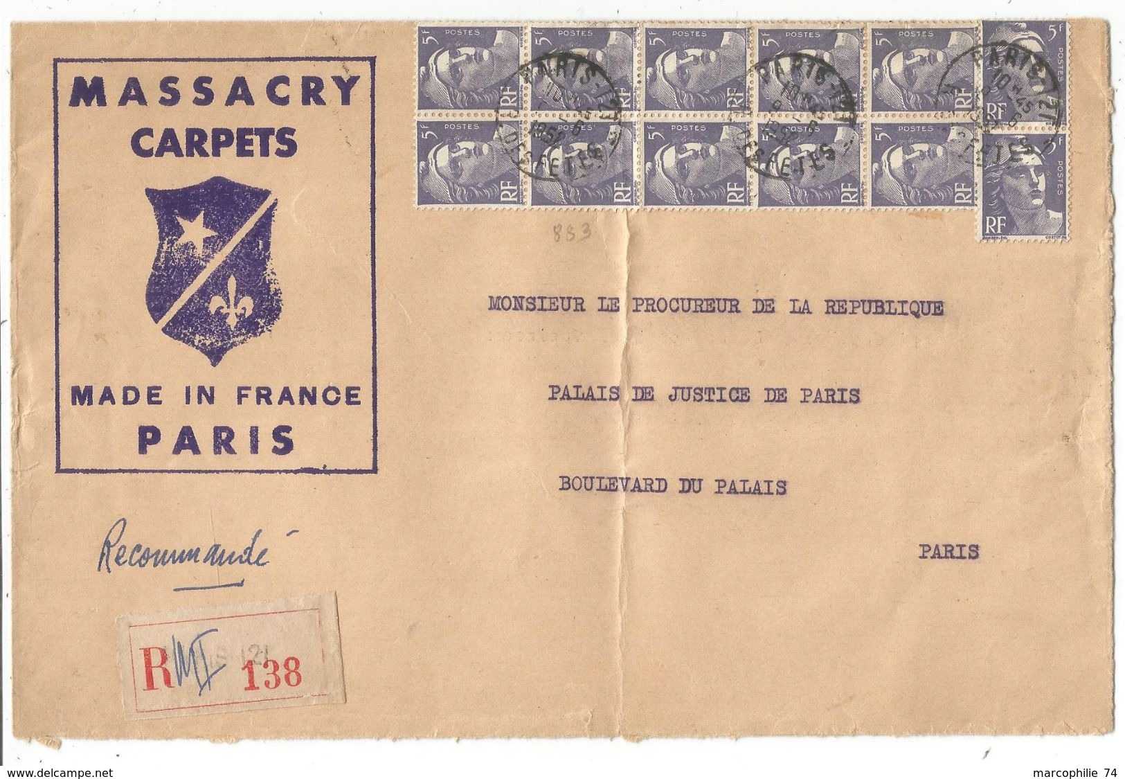 GANDON 5FR VIOLET BLOC DE 10+ PAIRE  GRANDE LETTRE REC  PARIS 9.6.1952 AU TARIF 2EME - 1945-54 Marianne De Gandon