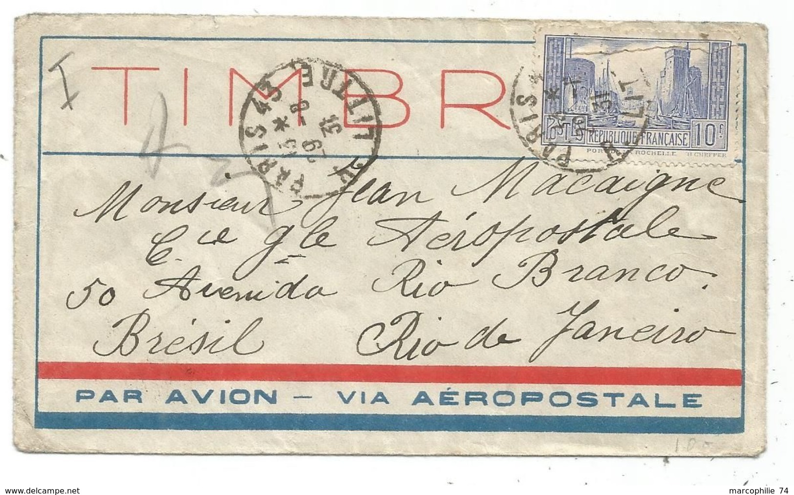 N°261 DECHIRE A L'EPOQUE SEUL LETTRE AVION AEROPOSTALE PARIS 29.8.1931 POUR LE BRESIL - 1960-.... Lettres & Documents