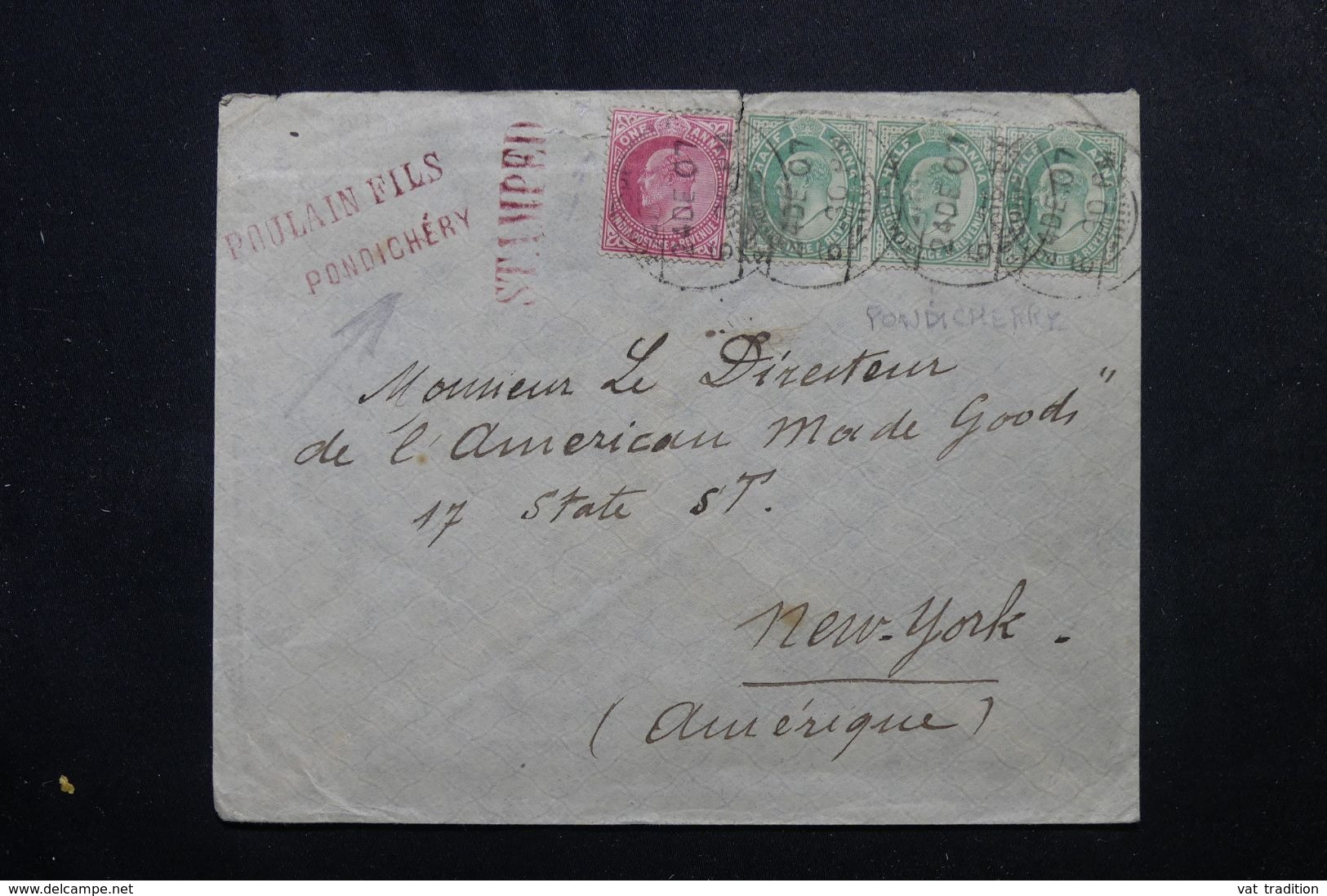 INDE - Enveloppe Commerciale De Pondichery Pour New York En 1907, Affranchissement Plaisant - L 62667 - 1902-11  Edward VII