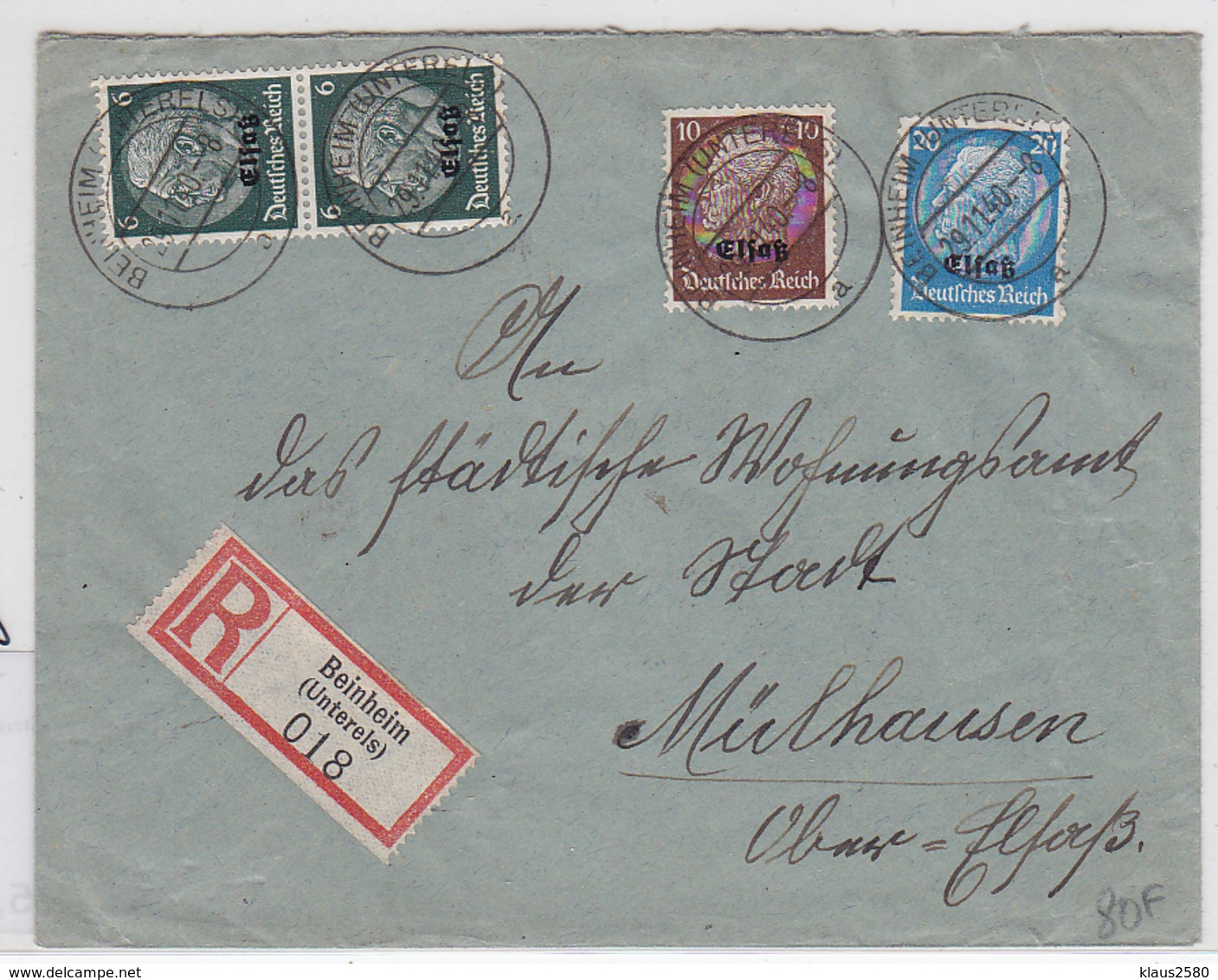 Deutsche Besetzung Elsass R-Brief Mit MIF Aus Beinheim Mit AKs - Occupazione 1938 – 45