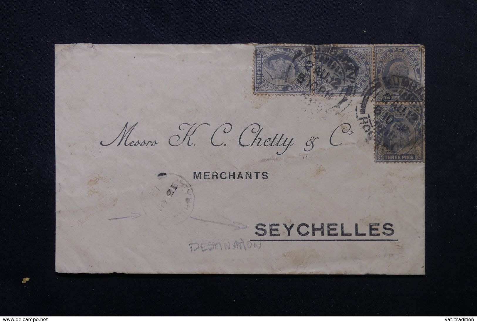 INDE - Enveloppe Commerciale De Bombay Pour Les Seychelles En 1912, Affranchissement Plaisant - L 62670 - 1911-35 King George V