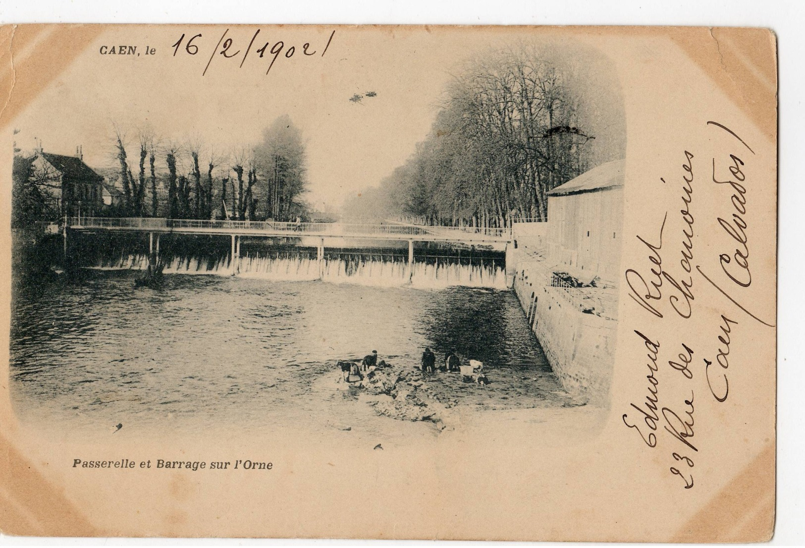 Blanc 1c Gris N°107, Tarif Imprimé Sous Bande, 1902, Carte CAEN Passerelle Et Barrage Sur L'orne - Posttarieven