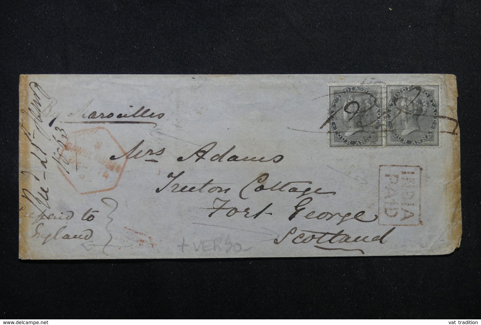 INDE - Enveloppe Pour Fort George ( Ecosse )  En 1863 Via Marseille, Affranchissement Plaisant, Voir Au Dos - L 62675 - 1858-79 Compagnia Delle Indie E Regno Della Regina