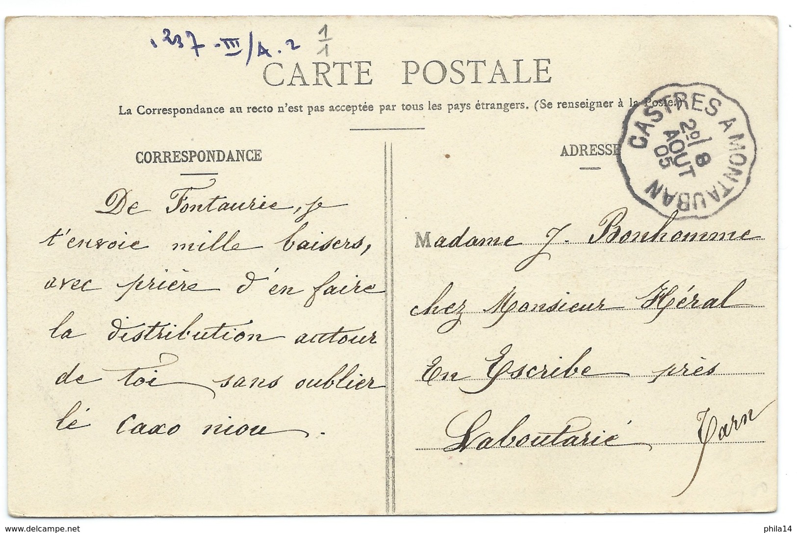 CPA ST PAUL CAP DE JOUX / 1905 / CONVOYEUR CASTRES A MONTAUBAN / FONTAURIE POUR ESCRIBE LABOUTARIE - Saint Paul Cap De Joux