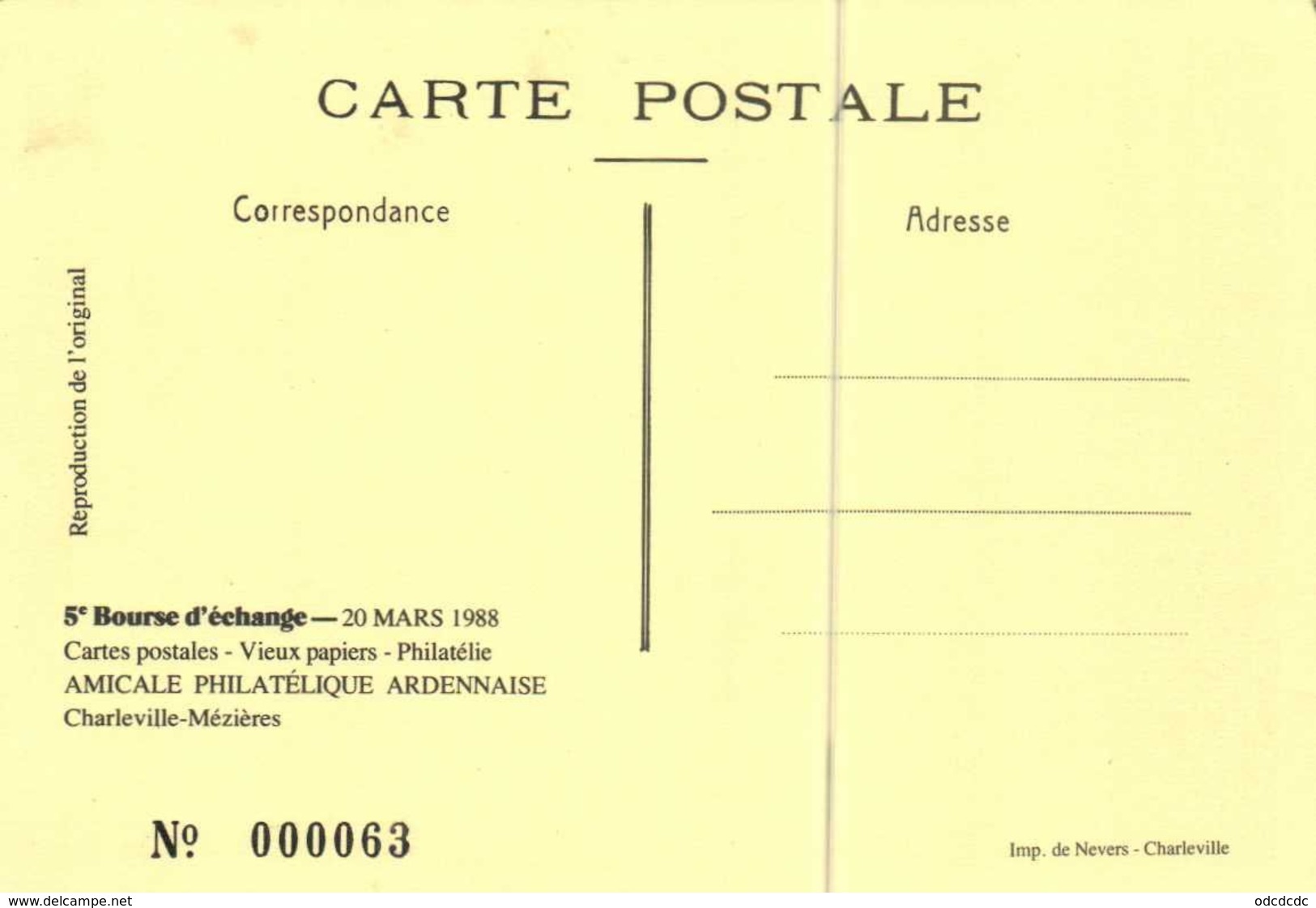 5e Bourse D'Echange 20 Mars 1988 AMICALE PHILATELISTE ARDENNAISE  Charleville Mezières  Le Cyclecar AMILCAR RV - Sammlerbörsen & Sammlerausstellungen