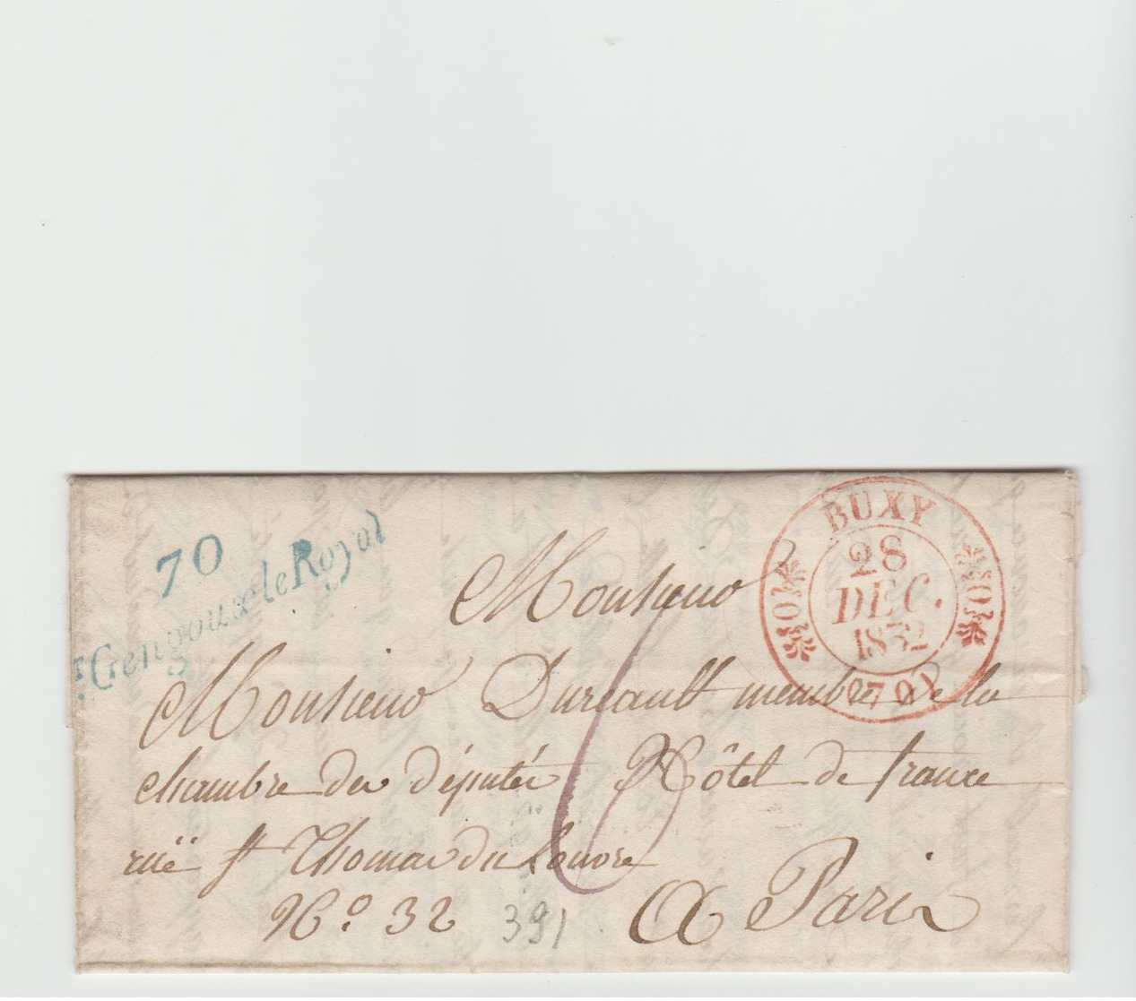 SAÔNE & LOIRE: 70 / St GENGOUX Le ROYAL, Cursive Bleue + BUXY Rge CàD 11 + TM 6 / LAC De 1832 SUP - 1801-1848: Précurseurs XIX