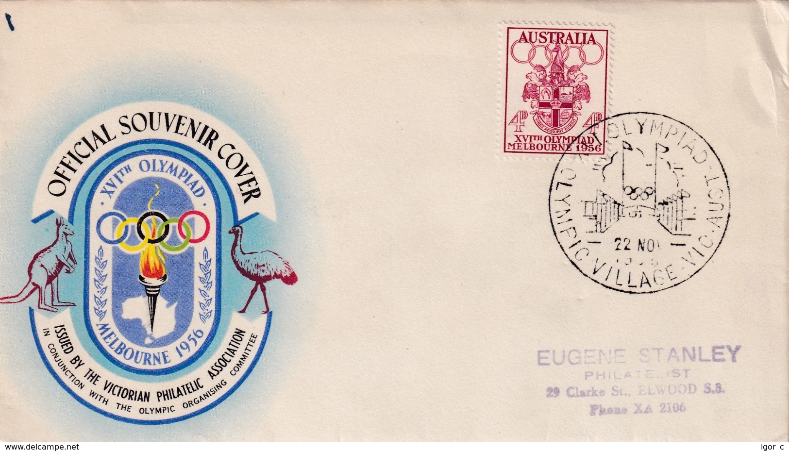 Australia Cover 1956: Olympic Games Melbourne; Olympic Village Cancellation; Fauna Kangaroo Emu, Coat Of Arms - Sommer 1956: Melbourne