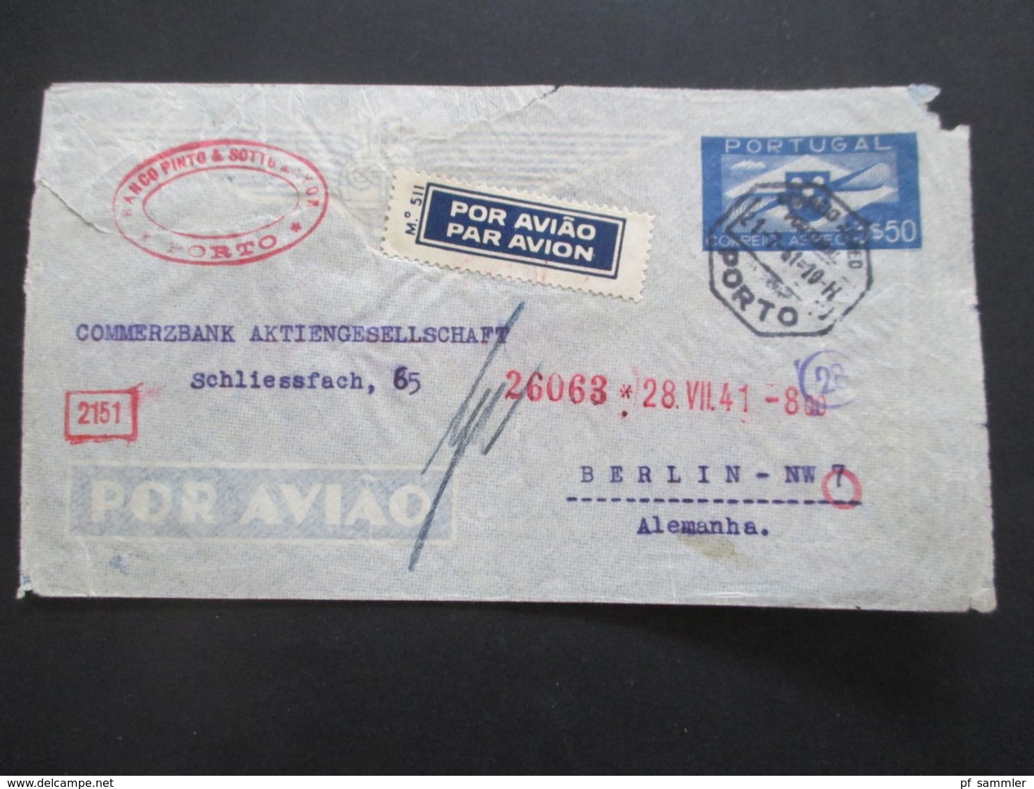Portugal 1941 Luftpostumschlag LU 1 Porto - Berlin Mit OkW Zensur / Mehrfachzensur / OKW Geöffnet Und Roter Nr. Stempel - Brieven En Documenten
