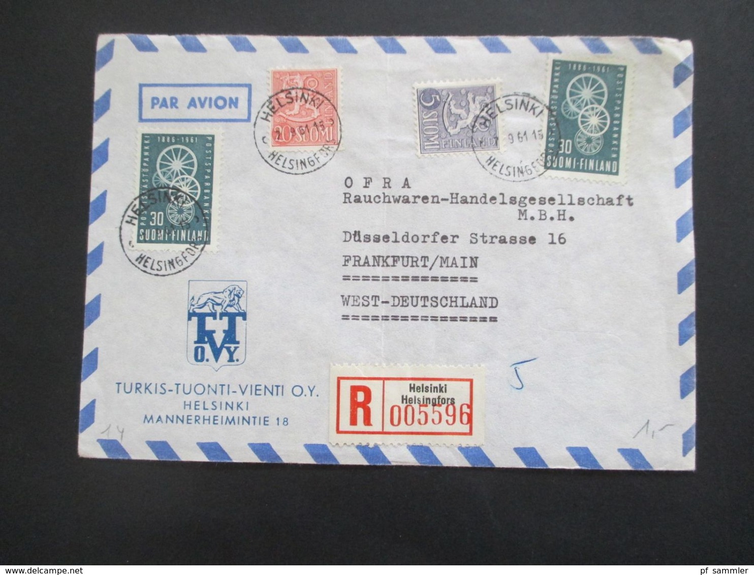 Finnland 1961 Einschreiben Helsinki - Frankfurt Turkis Tuonti Vienti O.Y. Helsinki Mannerheimintie 18 - Briefe U. Dokumente