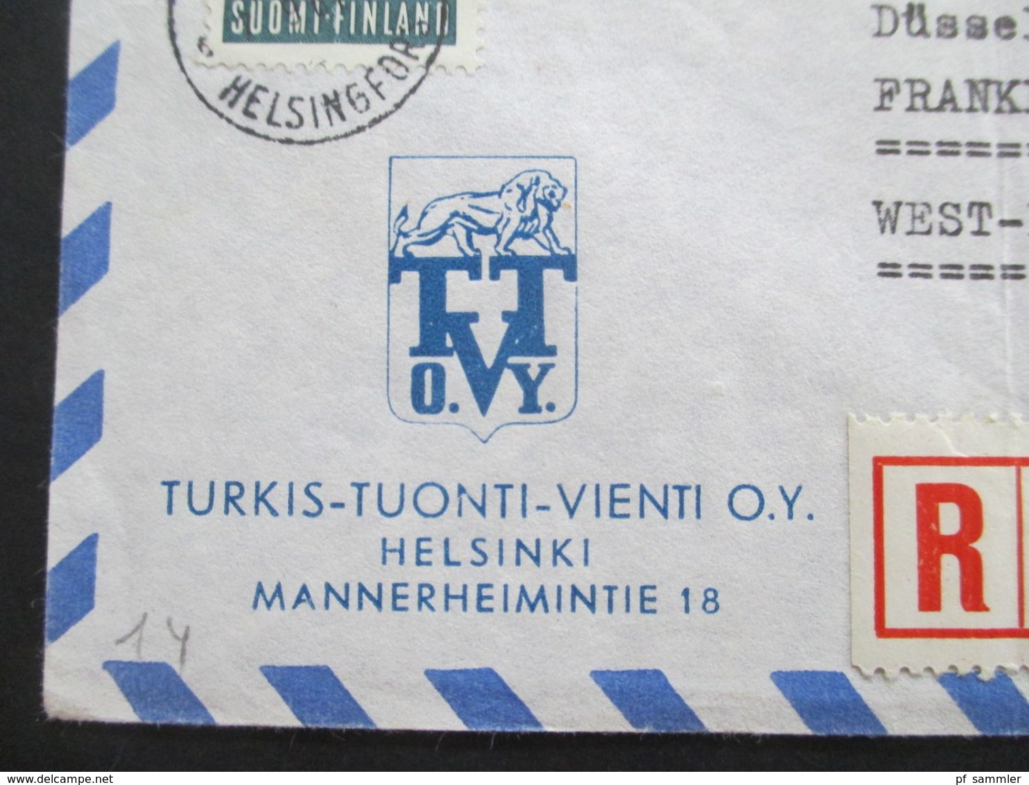 Finnland 1961 Einschreiben Helsinki - Frankfurt Turkis Tuonti Vienti O.Y. Helsinki Mannerheimintie 18 - Cartas & Documentos