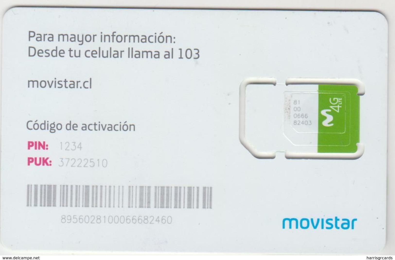 CHILE - Movistar 4G LTE Green, GSM Card, Mint - Chili