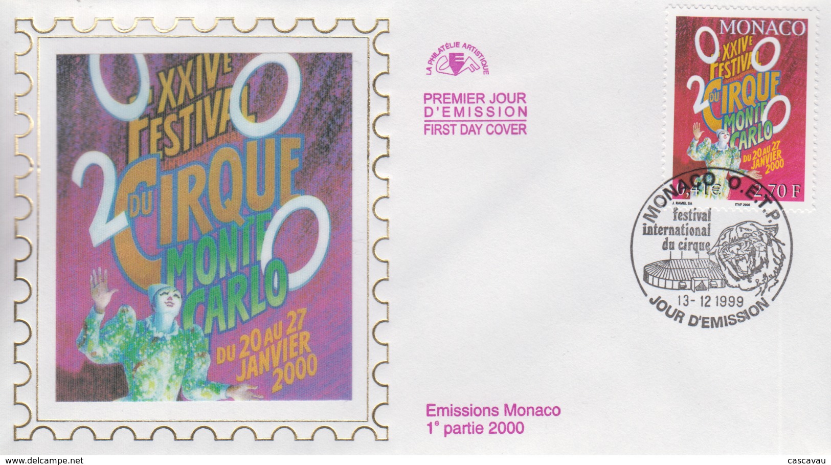 Enveloppe  FDC  1er  Jour   MONACO    24éme  FESTIVAL  INTERNATIONAL  Du  CIRQUE    2000 - Cirque