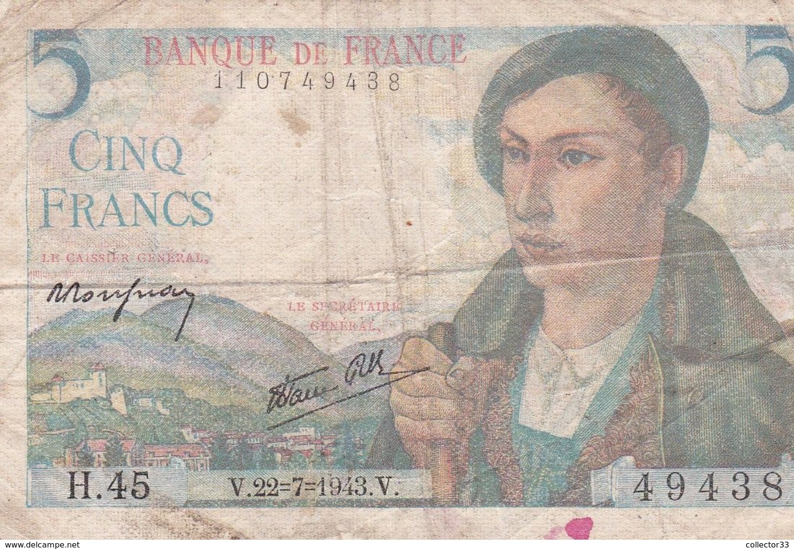 Billet De 5 Francs BERGER - 22.7.1943 - H.45 - 5 F 1943-1947 ''Berger''