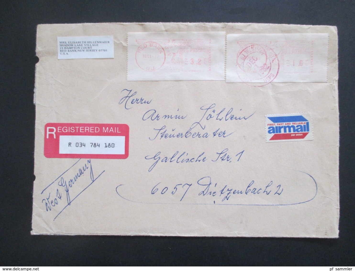 USA USPS 1982 Registered Mail Red Bank New Jersey Stempel Air Mail Facility JFK Jamaica NY - Cartas & Documentos